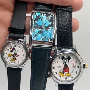 Lot Of 3 Lorus Vintage Disney Mickey Minnie Mouse Watch Leather Black Blue Alarm